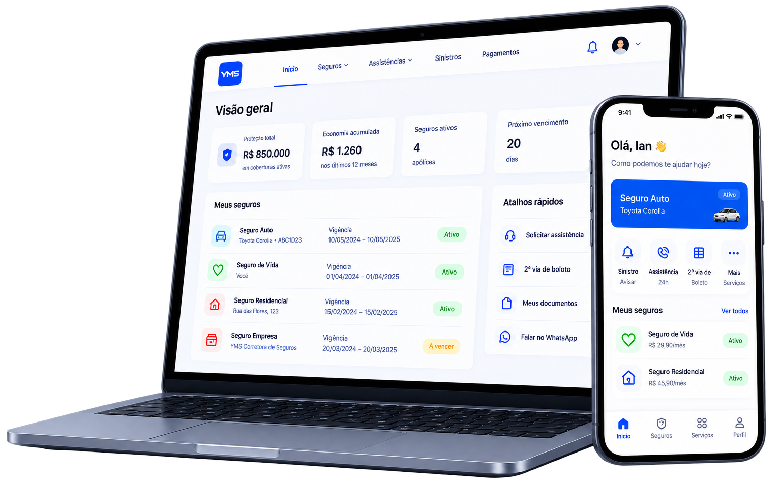 Painel YMS mostrando visão geral de seguros ativos, em notebook e celular